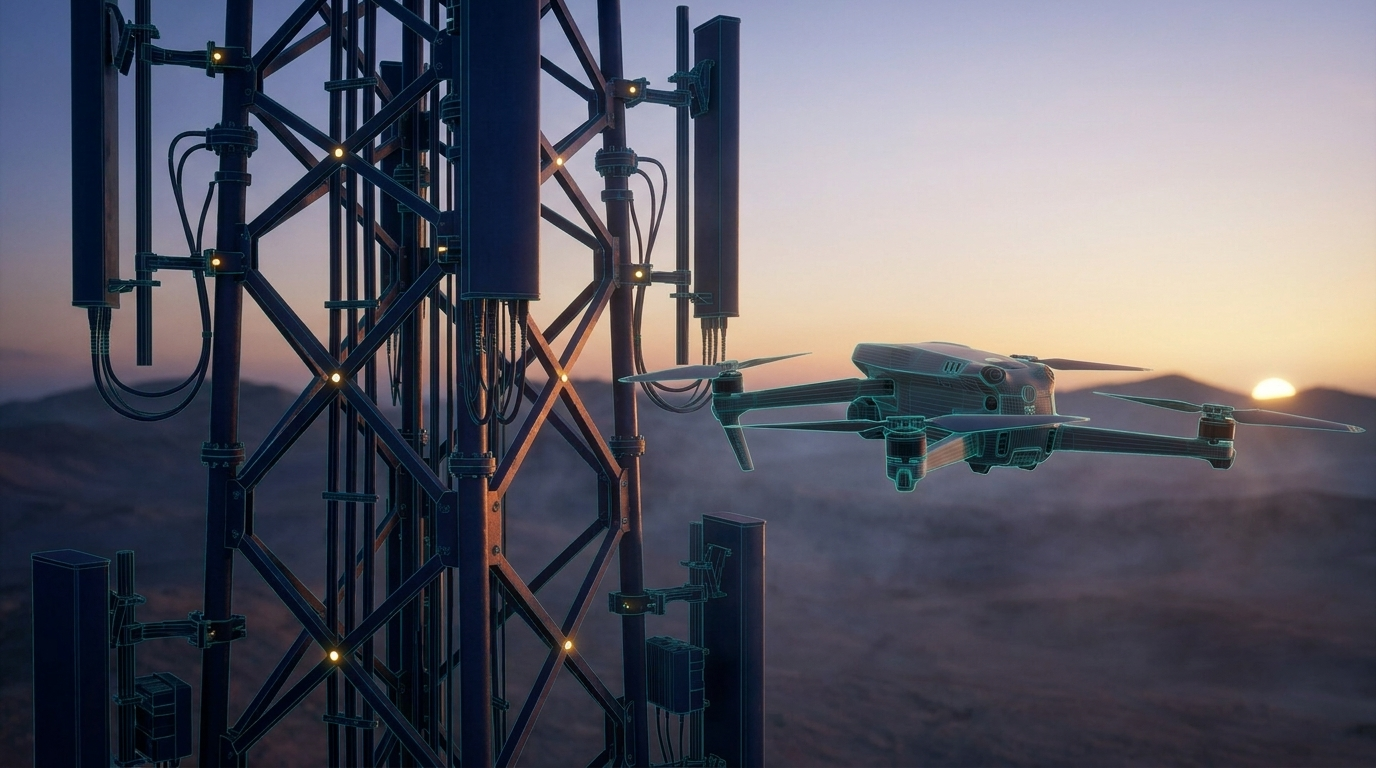 Drone conducting a detailed cellular tower inspection