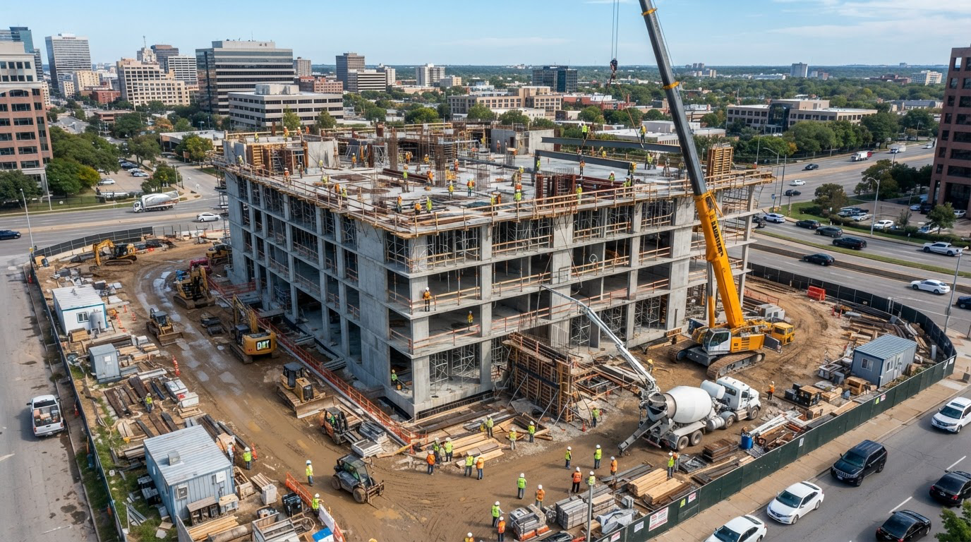 Aerial view of an active urban construction site under project monitoring