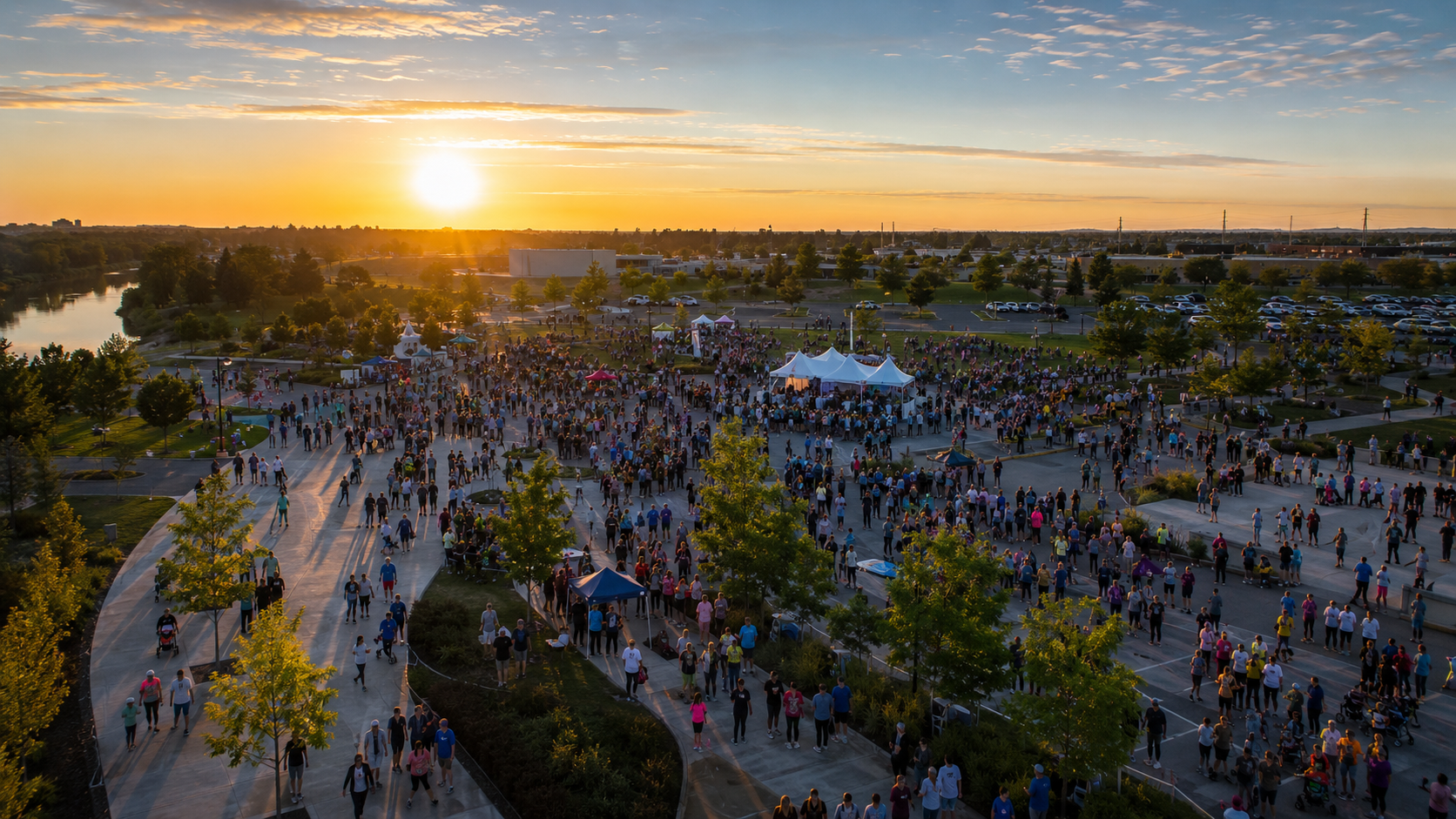 Aerial view of a public gathering from above at sunrise