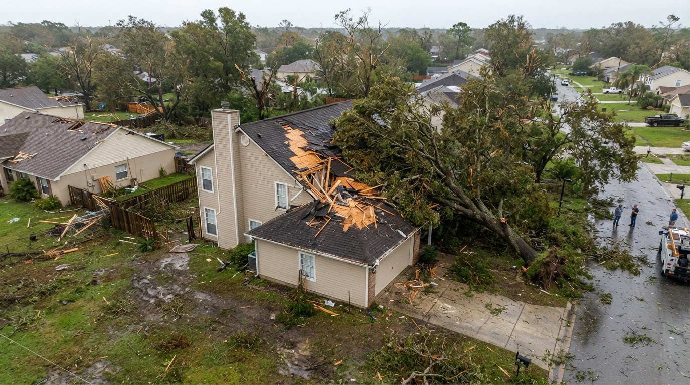 Aerial damage assessment of a storm-damaged residential roof and fallen tree
