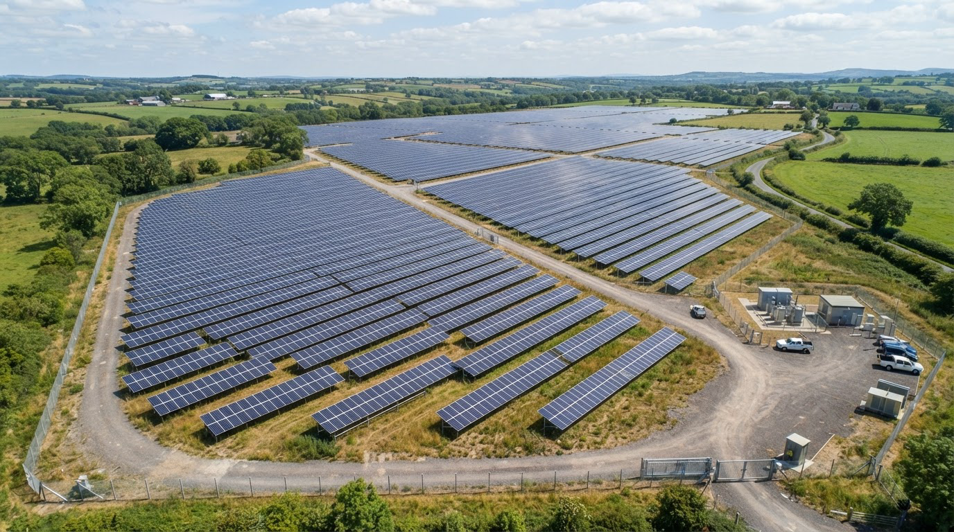 Aerial view of a large solar panel farm surrounded by green countryside